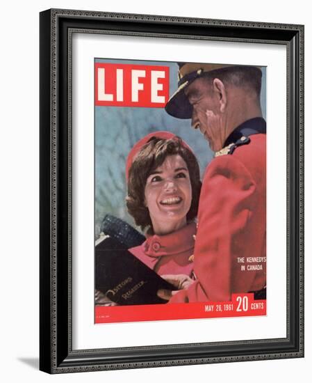 Jacqueline Kennedy Chatting with Canadian Mounted Policeman During Visit with JFK, May 26, 1961-Leonard Mccombe-Framed Photographic Print