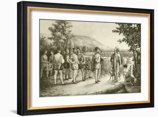 Jacques Cartier, His First Interview with the Indians at Hochelaga Now Montreal in 1535, C.1850-null-Framed Giclee Print