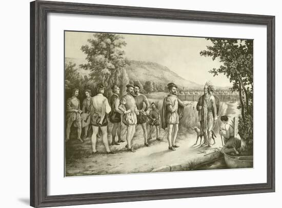 Jacques Cartier, His First Interview with the Indians at Hochelaga Now Montreal in 1535, C.1850-null-Framed Giclee Print