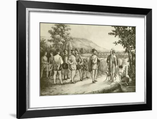 Jacques Cartier, His First Interview with the Indians at Hochelaga Now Montreal in 1535, C.1850-null-Framed Giclee Print