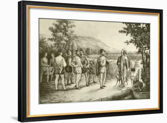 Jacques Cartier, His First Interview with the Indians at Hochelaga Now Montreal in 1535, C.1850-null-Framed Giclee Print