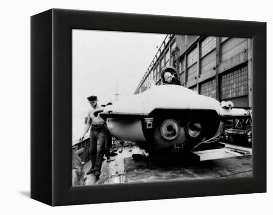 Jacques Cousteau in Underwater Observation Chamber on Deck of 'Calypso' in 1959-null-Framed Stretched Canvas