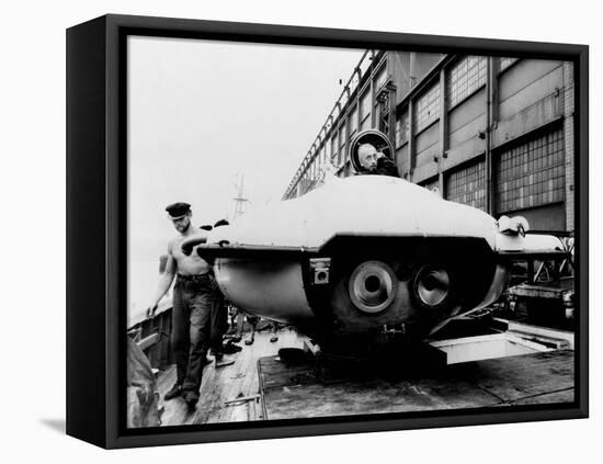 Jacques Cousteau in Underwater Observation Chamber on Deck of 'Calypso' in 1959-null-Framed Stretched Canvas