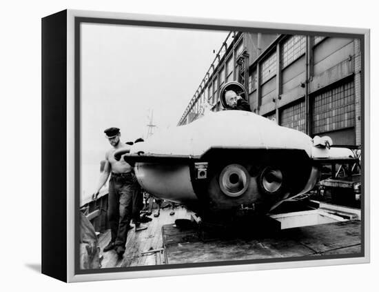 Jacques Cousteau in Underwater Observation Chamber on Deck of 'Calypso' in 1959-null-Framed Stretched Canvas