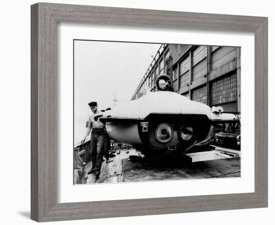 Jacques Cousteau in Underwater Observation Chamber on Deck of 'Calypso' in 1959-null-Framed Photo