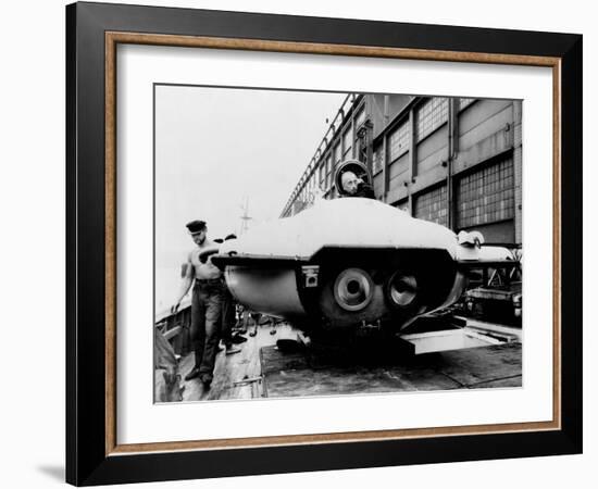 Jacques Cousteau in Underwater Observation Chamber on Deck of 'Calypso' in 1959-null-Framed Photo