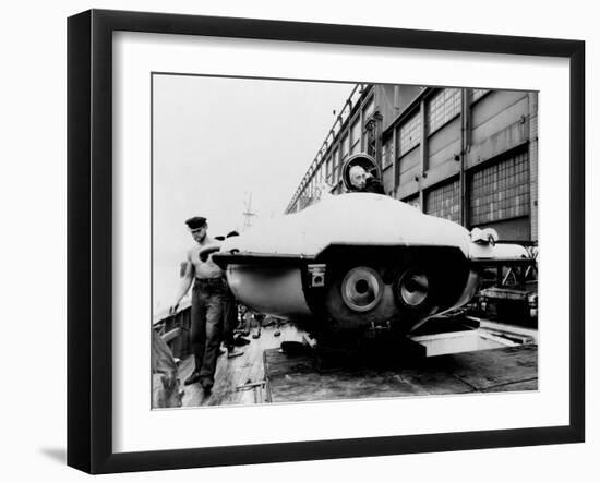 Jacques Cousteau in Underwater Observation Chamber on Deck of 'Calypso' in 1959-null-Framed Photo