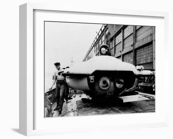 Jacques Cousteau in Underwater Observation Chamber on Deck of 'Calypso' in 1959-null-Framed Photo