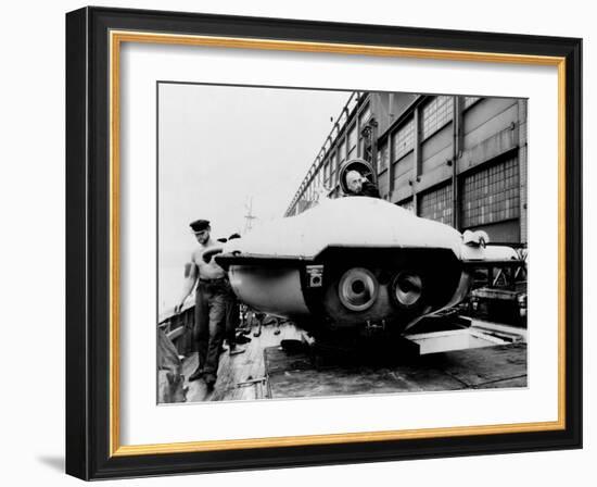 Jacques Cousteau in Underwater Observation Chamber on Deck of 'Calypso' in 1959-null-Framed Photo