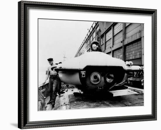 Jacques Cousteau in Underwater Observation Chamber on Deck of 'Calypso' in 1959-null-Framed Photo