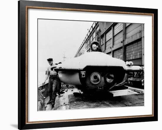 Jacques Cousteau in Underwater Observation Chamber on Deck of 'Calypso' in 1959-null-Framed Photo