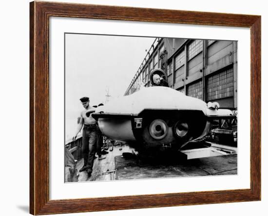 Jacques Cousteau in Underwater Observation Chamber on Deck of 'Calypso' in 1959--Framed Photo