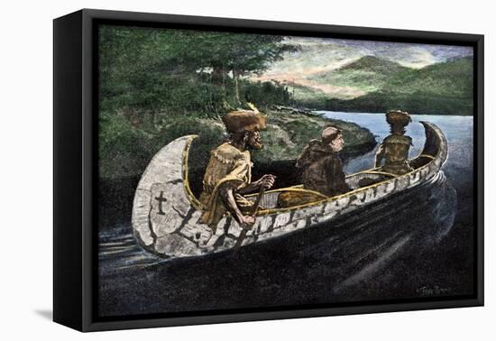 Jacques Marquette and Louis Joliet in a Canoe on the Upper Mississippi River, c.1673-null-Framed Premier Image Canvas