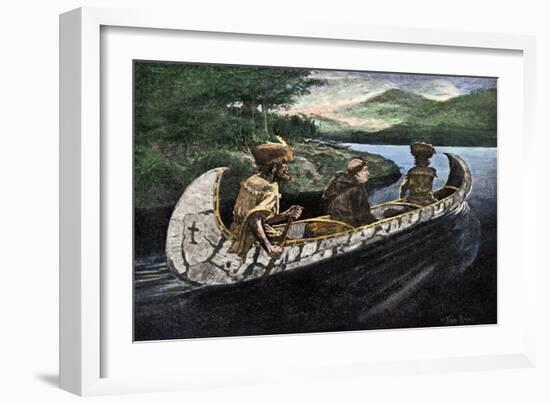 Jacques Marquette and Louis Joliet in a Canoe on the Upper Mississippi River, c.1673-null-Framed Giclee Print