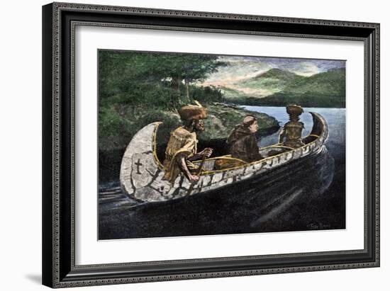 Jacques Marquette and Louis Joliet in a Canoe on the Upper Mississippi River, c.1673-null-Framed Giclee Print