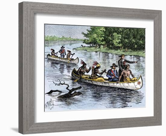 Jacques Marquette and Louis Joliet on the Upper Mississippi River in Canoes, c.1673-null-Framed Giclee Print