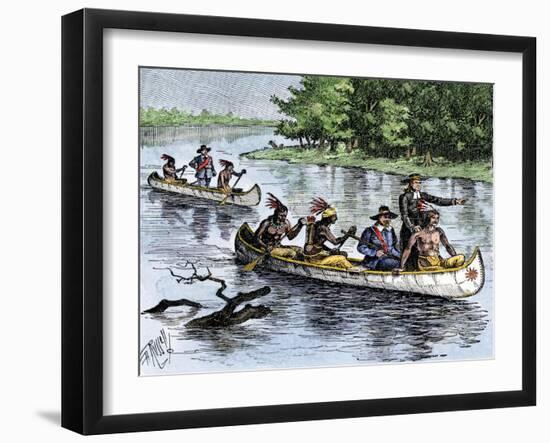 Jacques Marquette and Louis Joliet on the Upper Mississippi River in Canoes, c.1673-null-Framed Giclee Print