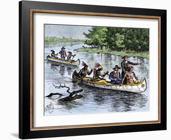 Jacques Marquette and Louis Joliet on the Upper Mississippi River in Canoes, c.1673-null-Framed Giclee Print