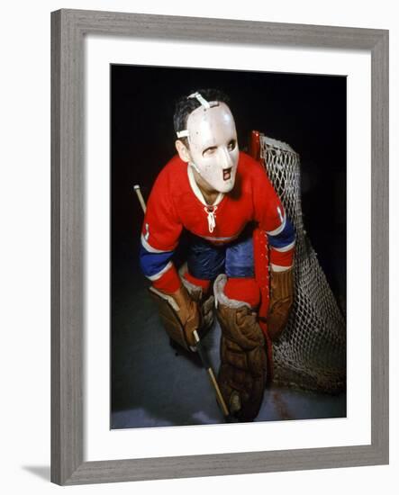 Jacques Plante, Goalie of the Montreal Canadiens Wearing a Mask-null-Framed Premium Photographic Print