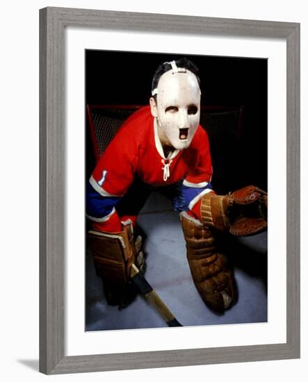 Jacques Plante, Goalie of the Montreal Canadiens Wearing a Mask-null-Framed Premium Photographic Print