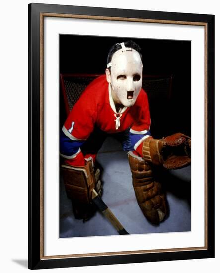 Jacques Plante, Goalie of the Montreal Canadiens Wearing a Mask-null-Framed Premium Photographic Print