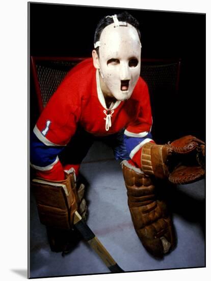 Jacques Plante, Goalie of the Montreal Canadiens Wearing a Mask-null-Mounted Premium Photographic Print