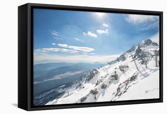 Jade Dragon Snow Mountain with Blue Cable Cars and View on the Lower Regions of Yunnan, China, Asia-Andreas Brandl-Framed Premier Image Canvas