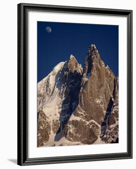 Jagged Peak of Aiguille Du Dru and the Moon, Chamonix, Rhone Alpes, France, Europe-Hart Kim-Framed Photographic Print