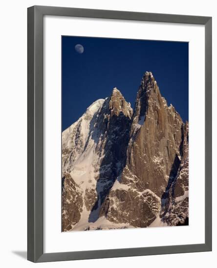 Jagged Peak of Aiguille Du Dru and the Moon, Chamonix, Rhone Alpes, France, Europe-Hart Kim-Framed Photographic Print