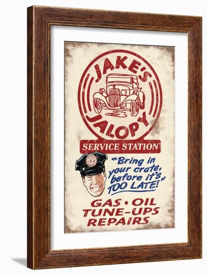 Jakes Jalopy Service Station - Vintage Sign-Lantern Press-Framed Art Print