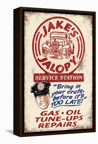 Jakes Jalopy Service Station - Vintage Sign-Lantern Press-Framed Stretched Canvas