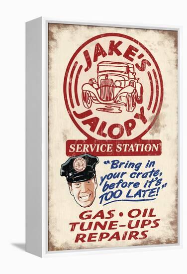 Jakes Jalopy Service Station - Vintage Sign-Lantern Press-Framed Stretched Canvas