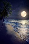 Beautiful Fantasy Tropical Beach with Milky Way Star in Night Skies, Full Moon - Retro Style Artwor-jakkapan-Photographic Print