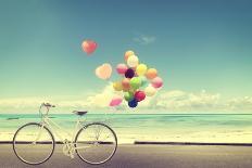 Bicycle Vintage with Heart Balloon on Beach Blue Sky Concept of Love in Summer and Wedding-jakkapan-Photographic Print