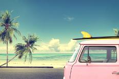 Vintage Car Parked on the Tropical Beach (Seaside) with a Surfboard on the Roof-jakkapan-Mounted Photographic Print