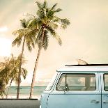 Vintage Car Parked on the Tropical Beach (Seaside) with a Surfboard on the Roof-jakkapan-Giclee Print