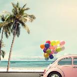 Vintage Card of Car with Colorful Balloon on Beach Blue Sky Concept of Love in Summer and Wedding H-jakkapan-Photographic Print