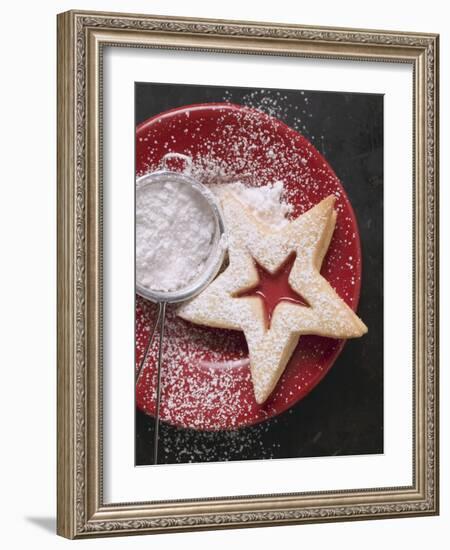 Jam Biscuit on Plate with Icing Sugar-null-Framed Photographic Print