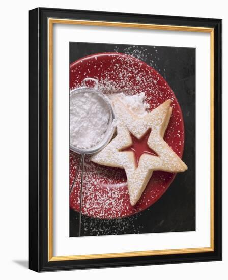 Jam Biscuit on Plate with Icing Sugar-null-Framed Photographic Print