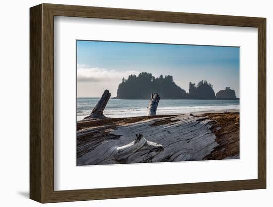 James Island with driftwood on the beach at La Push on the Pacific Northwest coast, Washington Stat-Martin Child-Framed Photographic Print