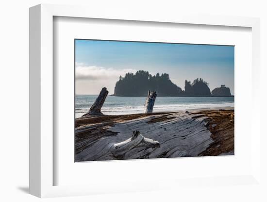 James Island with driftwood on the beach at La Push on the Pacific Northwest coast, Washington Stat-Martin Child-Framed Photographic Print