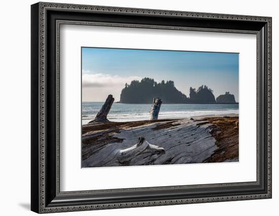 James Island with driftwood on the beach at La Push on the Pacific Northwest coast, Washington Stat-Martin Child-Framed Photographic Print