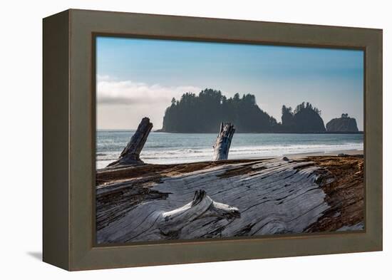 James Island with driftwood on the beach at La Push on the Pacific Northwest coast, Washington Stat-Martin Child-Framed Premier Image Canvas