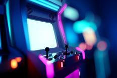 Neon Retro Arcade Machines In A Games Room-James Thew-Framed Art Print
