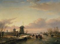 Wintery River Landscape with Skaters and Windmills-Jan Josef Spohler-Mounted Giclee Print