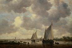 Fishing Boats in an Estuary at Dusk, with a View of a City and its Bell Tower on the Horizon. Oil O-Jan Josephsz van Goyen-Framed Giclee Print