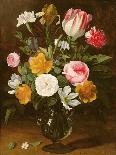 Tulips, Yellow and Pink Roses in a Glass Vase-Jan Philip Van Thielen-Framed Premier Image Canvas