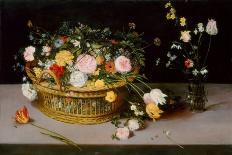 Flowers in a Basket and a Vase, 1615 (Oil on Panel)-Jan the Elder Brueghel-Giclee Print