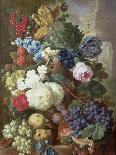 Roses, Chrysanthemums, Peonies and Other Flowers in a Glass Vase with Goldfish on a Stone Ledge-Jan van Os-Giclee Print