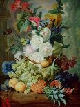 Roses, Chrysanthemums, Peonies and Other Flowers in a Glass Vase with Goldfish on a Stone Ledge-Jan van Os-Giclee Print